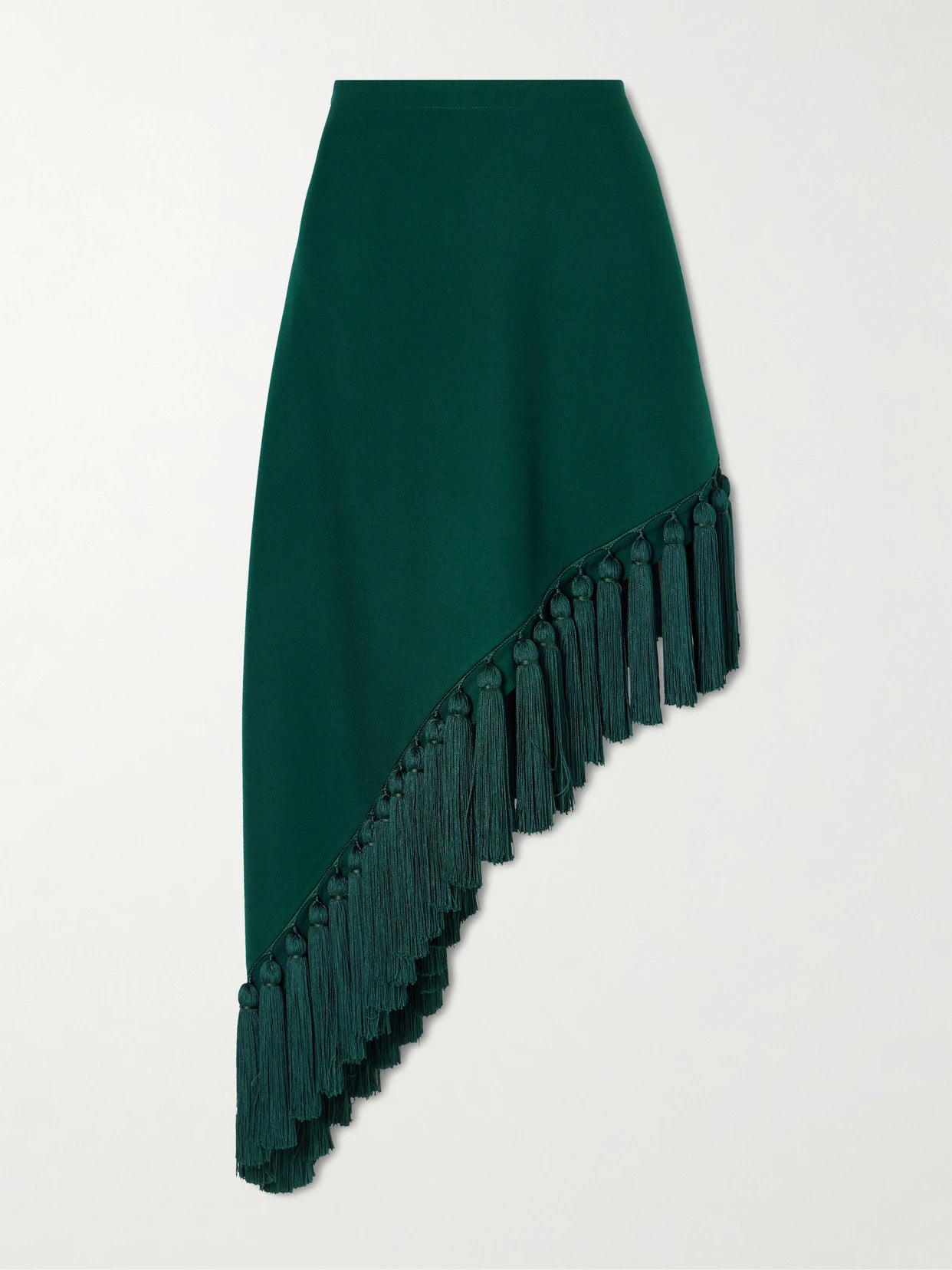 Image of a model wearing Skirts. Product name - Tassle Fringed Asymmetric Wool-gabardine Midi Skirt in Dark green colour by brand - Alaïa