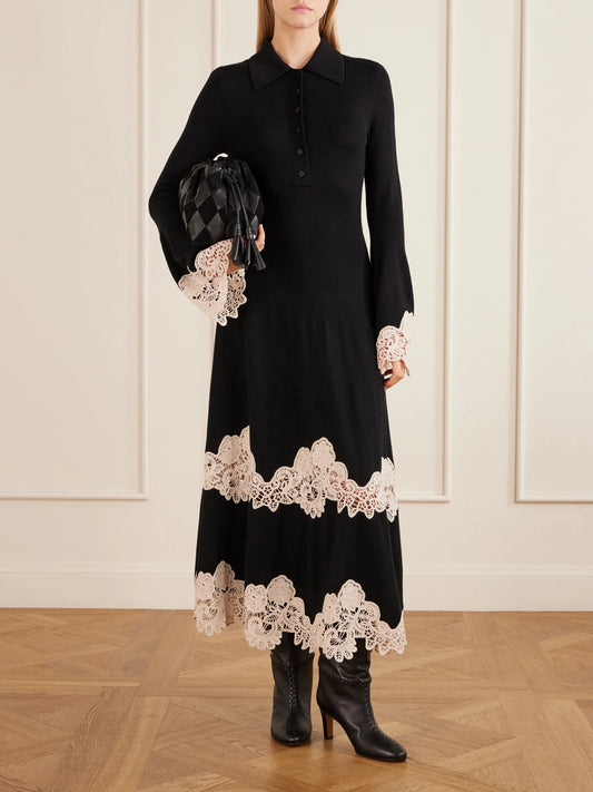 Image of Dresses. Product name - Valiant Lace-trimmed Merino Wool Midi Dress in Black colour by brand - Zimmermann