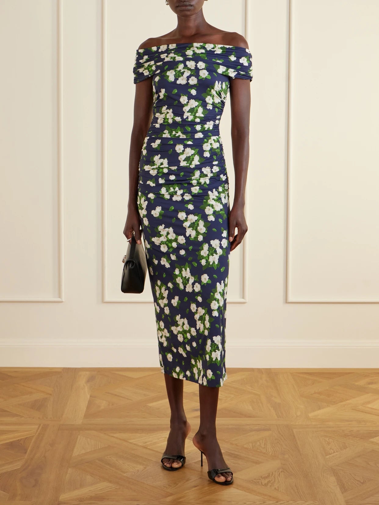 Image of Dresses. Product name - Floral-print Gathered Satin Midi Dress in Navy colour by brand - Carolina Herrera