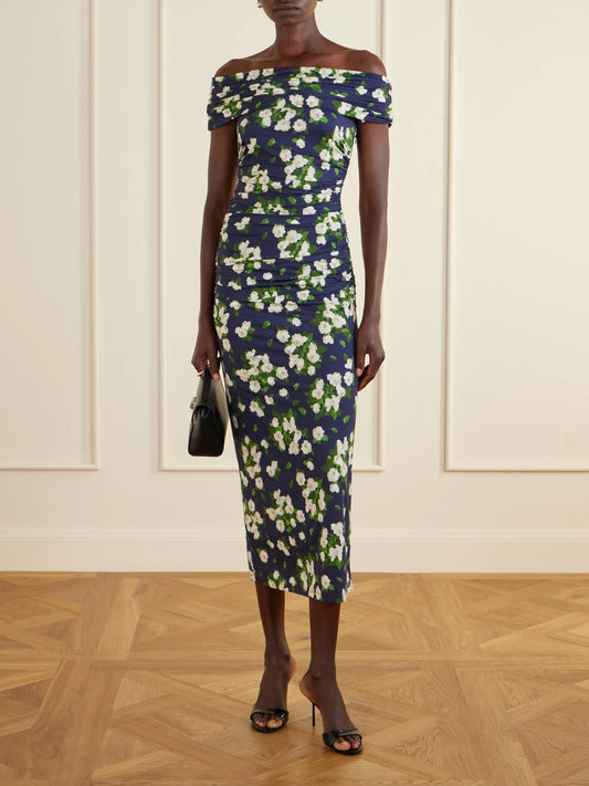 Image of Dresses. Product name - Floral-print Gathered Satin Midi Dress in Navy colour by brand - Carolina Herrera