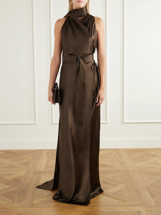 Image of Dresses. Product name - Rynn Belted Duchess-silk Halterneck Gown in Brown colour by brand - Ralph Lauren Collection