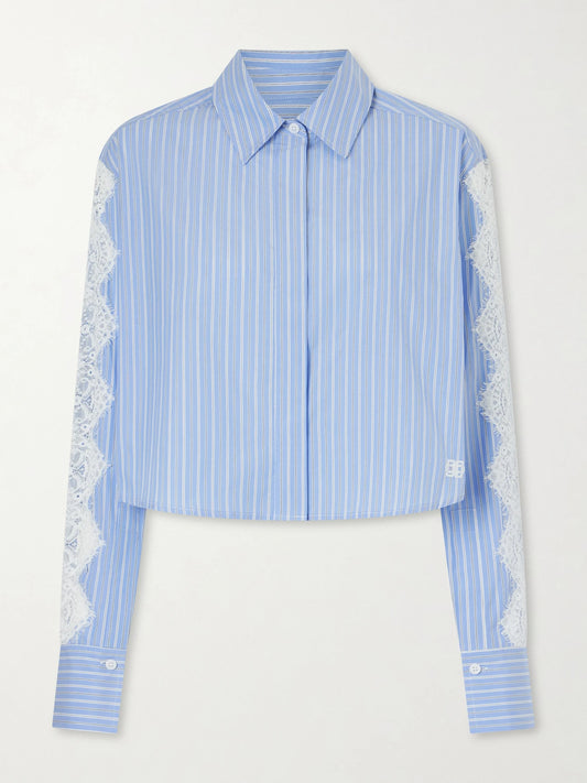Image of a model wearing Tops. Product name - Renata Cropped Lace-trimmed Striped Cotton-poplin Shirt in Blue colour by brand - SIMKHAI