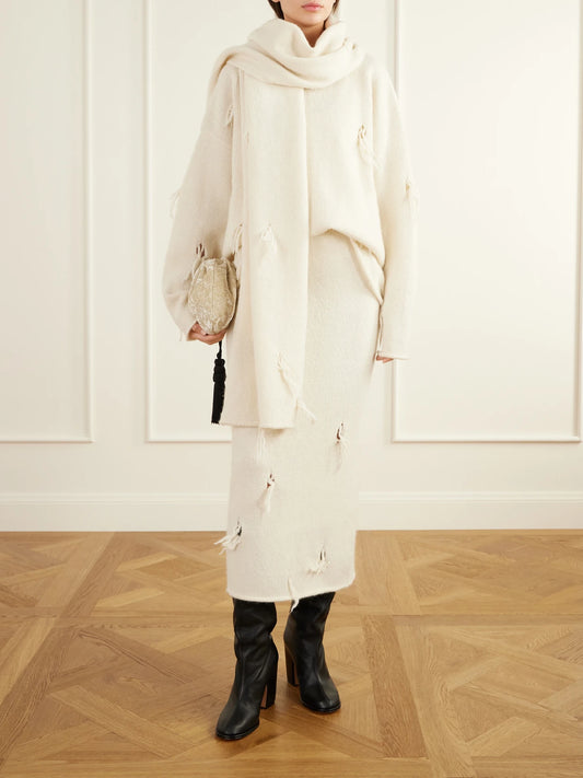 Image of Scarves & Shawls. Product name - Ravel Distressed Wool-blend Scarf in White colour by brand - Lauren Manoogian