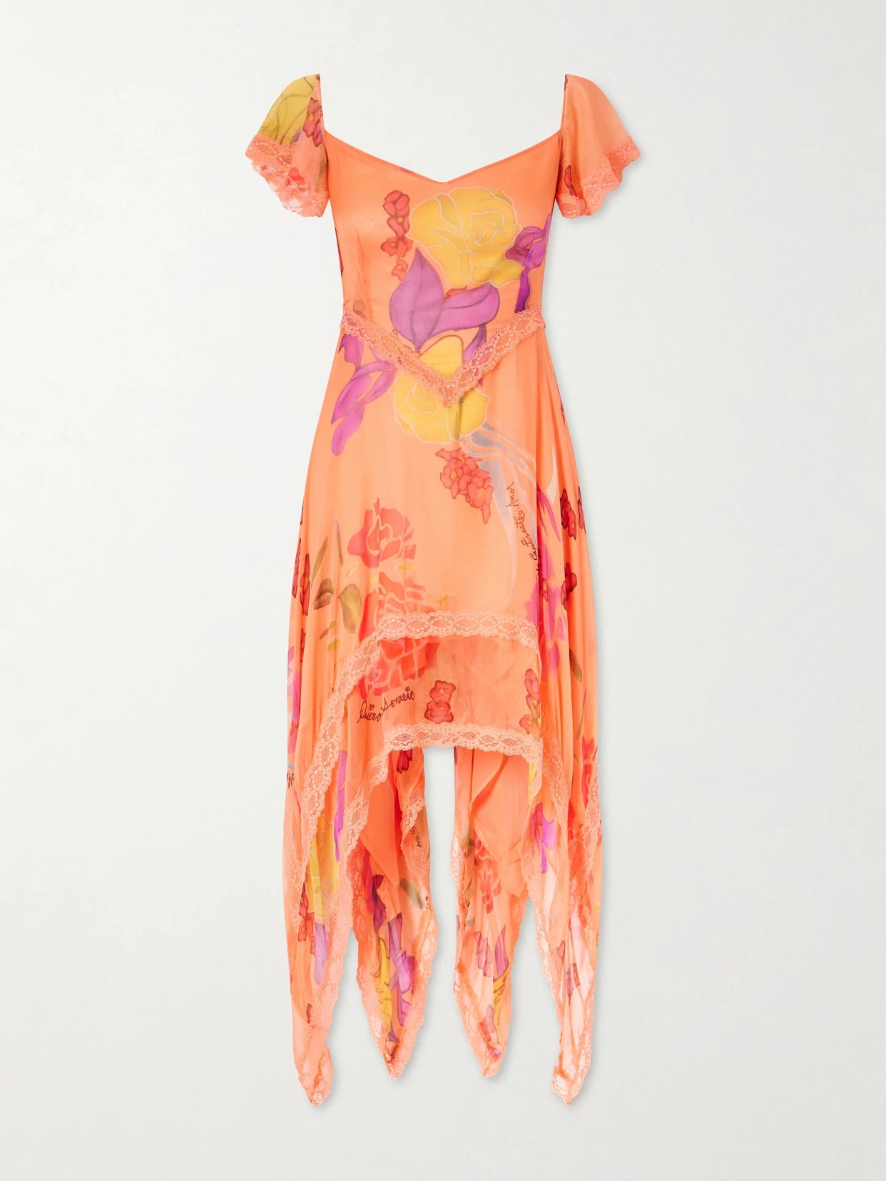 Guava Flores Ruffled Asymmetric Lace-trimmed Silk-chiffon Midi Dress