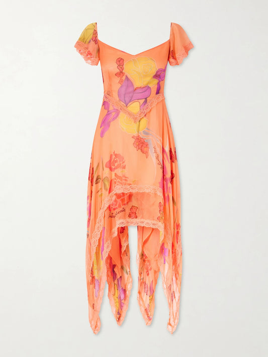 Guava Flores Ruffled Asymmetric Lace-trimmed Silk-chiffon Midi Dress
