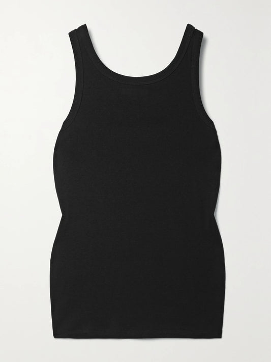 Image of a model wearing Tops. Product name - Essentials Frankie Organic Cotton-jersey Tank in Black colour by brand - The Row