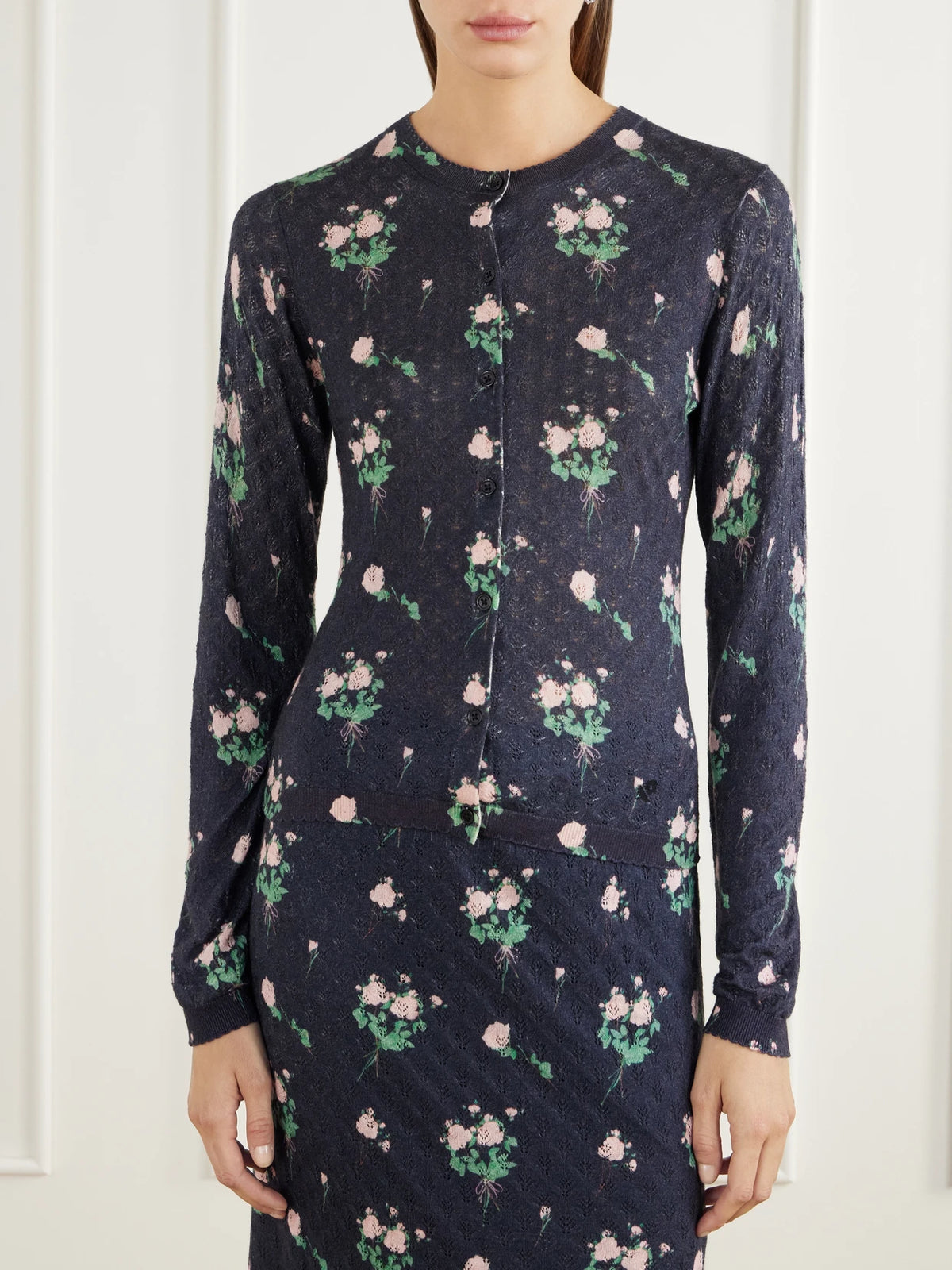 BERNADETTE Kira Floral-print Pointelle-knit Silk, Wool And Cashmere-blend Cardigan