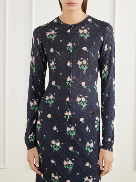 BERNADETTE Kira Floral-print Pointelle-knit Silk, Wool And Cashmere-blend Cardigan