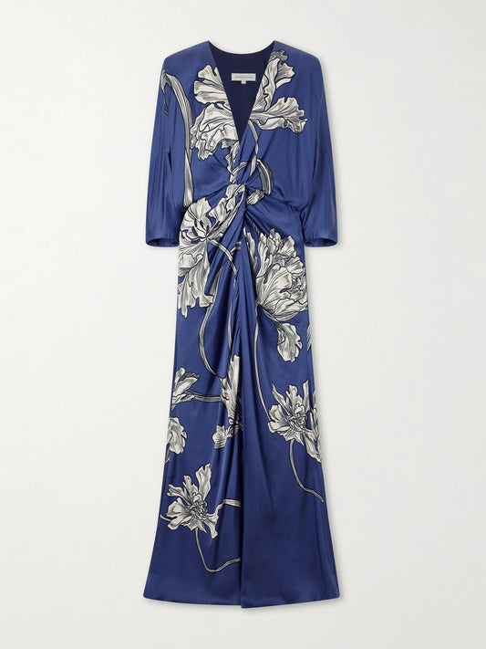 Image of Dresses. Product name - Olanna Printed Gathered Cotton Maxi Dress in Navy colour by brand - Andres Otalora