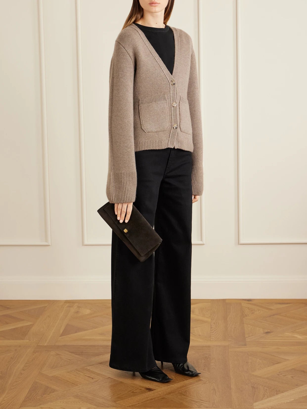 Image of a model wearing Outerwear. Product name - Scarlet Cashmere Cardigan in Brown colour by brand - KHAITE