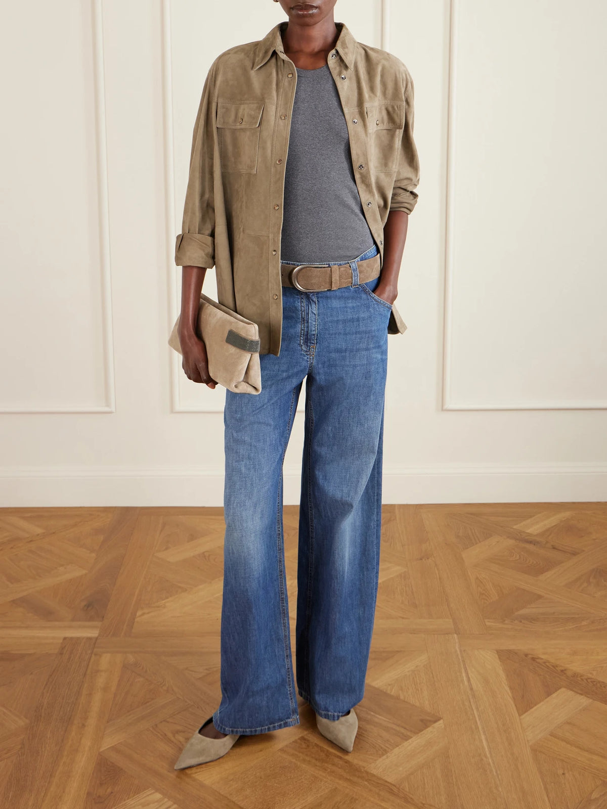 Image of Jeans. Product name - Mid-rise Wide-leg Jeans in Light denim colour by brand - Brunello Cucinelli