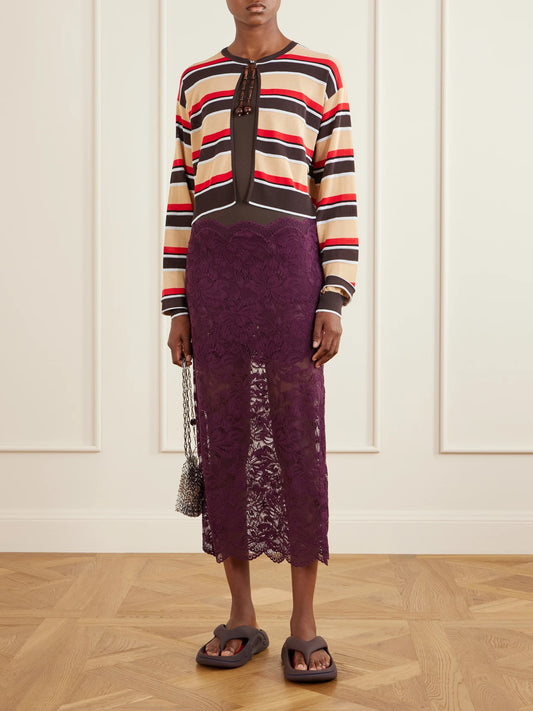 Image of a model wearing Outerwear. Product name - Bead-embellished Striped Knitted Cardigan in Multi colour by brand - RABANNE