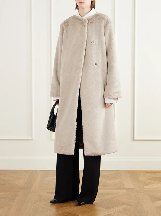 Image of Coats & Jackets. Product name - Collarless Plush Coat in Beige colour by brand - Maria McManus