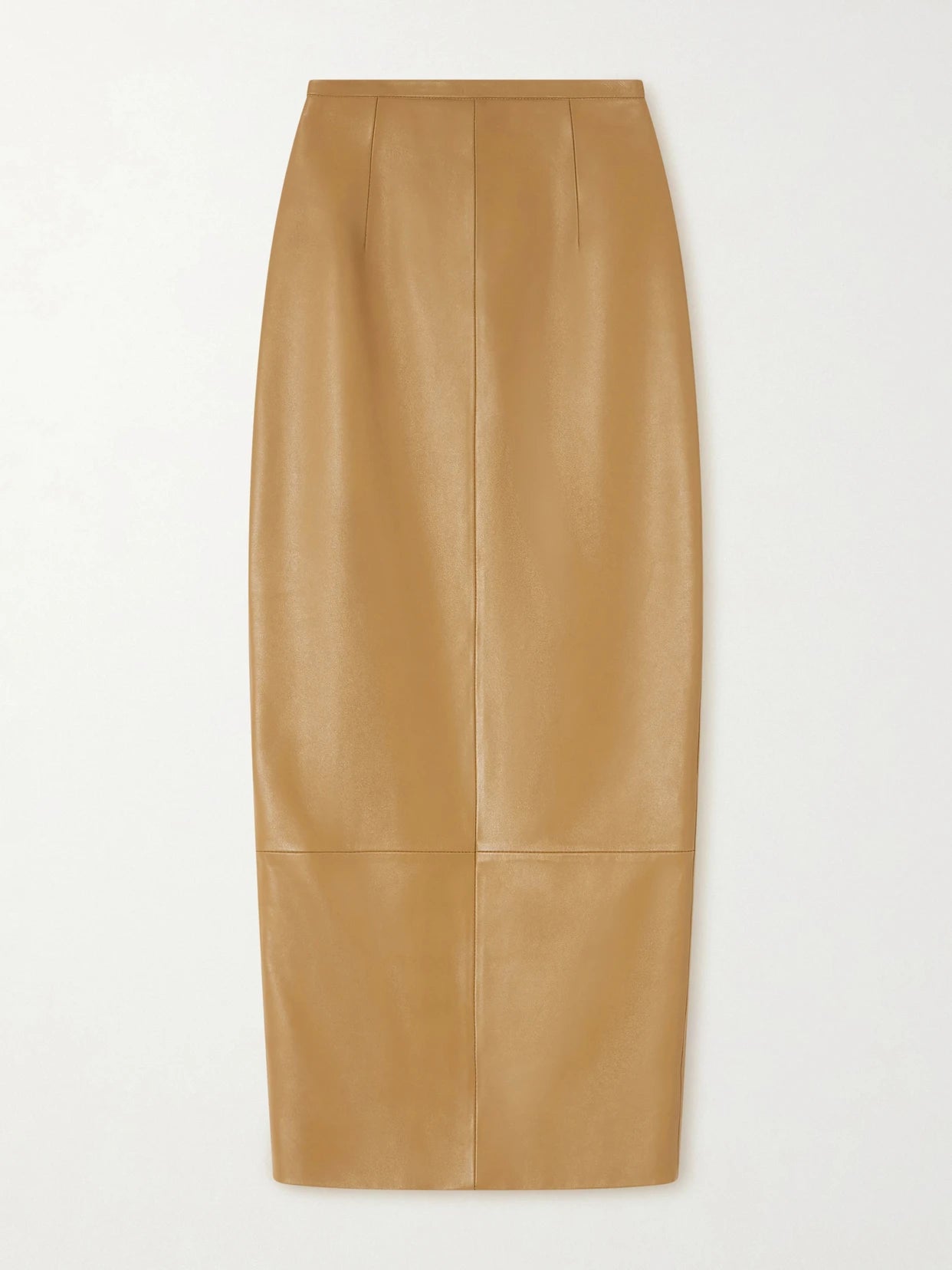 Image of a model wearing Skirts. Product name - Winton Paneled Leather Midi Skirt in Beige colour by brand - KHAITE