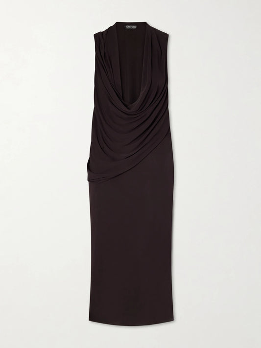 Image of Dresses. Product name - Draped Crepe-jersey Knee-length Dress in Brown colour by brand - TOM FORD