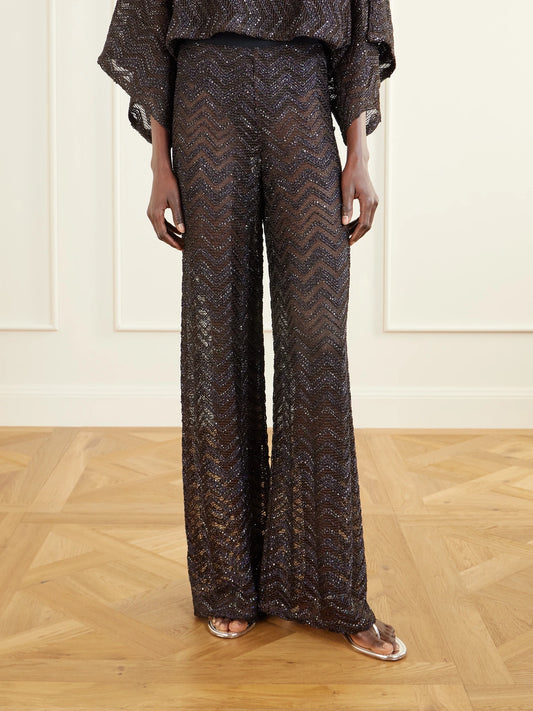 Sequin-embellished Crochet-knit Wide-leg Pants