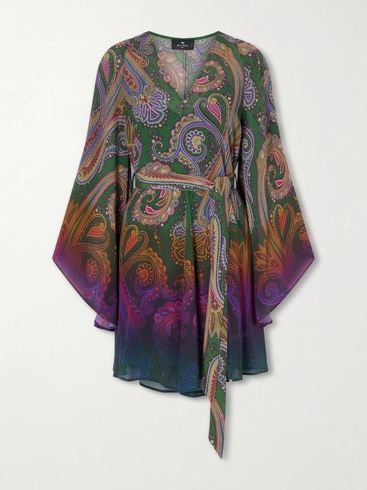 Image of Dresses. Product name - Belted Paisley-printed Jersey Mini Dress in Navy colour by brand - Etro