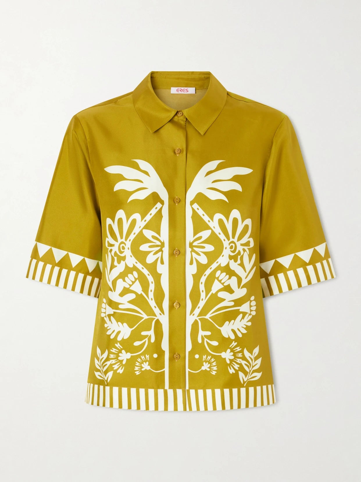 Image of a model wearing Tops. Product name - Emeraude Printed Silk Shirt in Yellow colour by brand - Eres