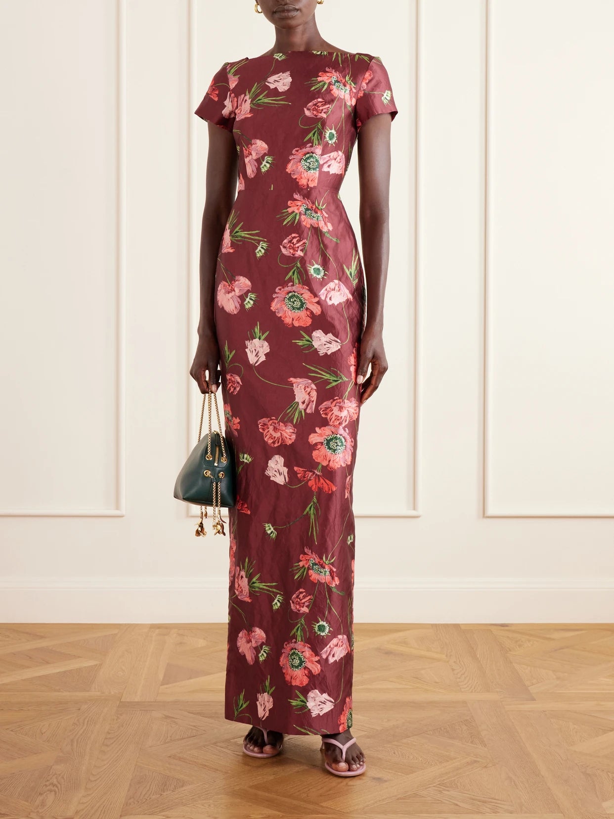 Image of Dresses. Product name - Floral-print Textured Satin Dress in Burgundy colour by brand - Erdem