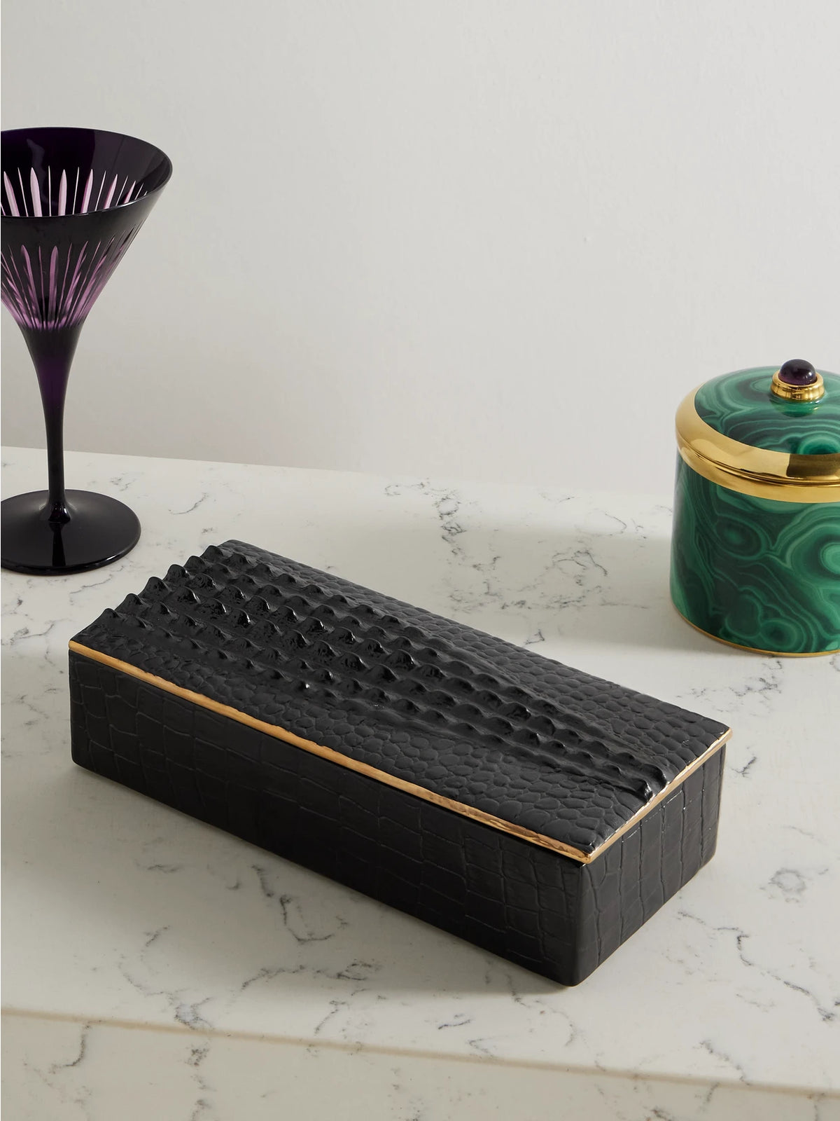 Image of Decor. Product name - Gold-plated Croc-effect Porcelain Trinket Box in Black colour by brand - L'Objet