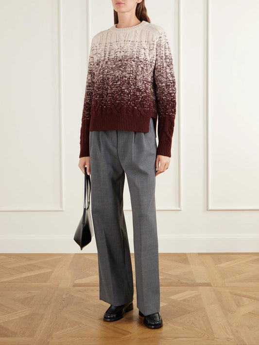 Image of a model wearing Outerwear. Product name - Pierra Dégradé Cable-knit Wool Sweater in Multi colour by brand - TOVE