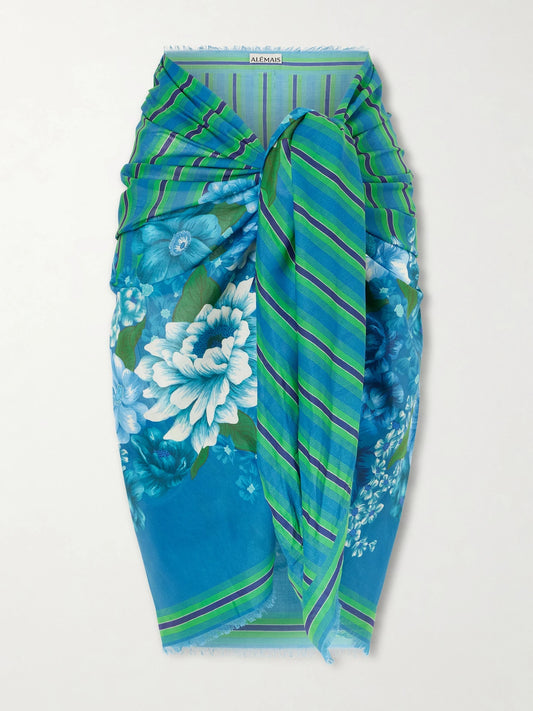 Image of Swimwear. Product name - Margo Printed Organic Cotton-voile Pareo in Green colour by brand - ALÉMAIS