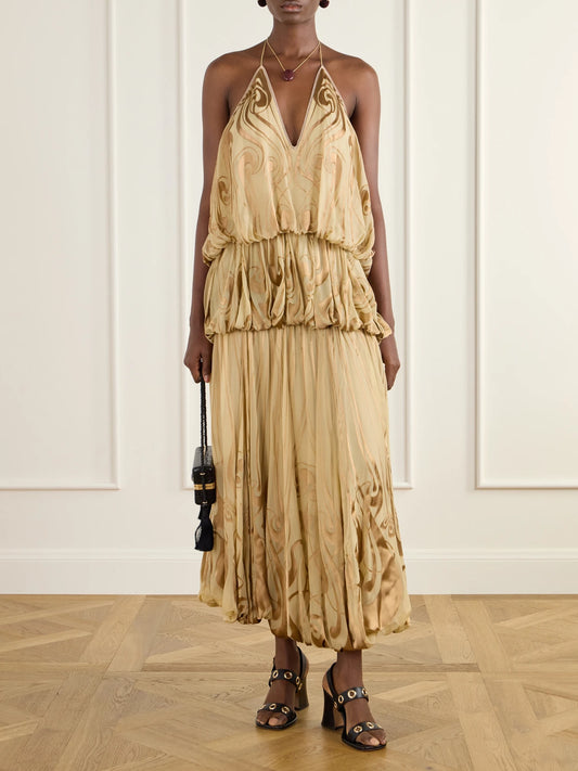 Image of Dresses. Product name - Momentum Tiered Ruffled Printed Silk-satin Halterneck Maxi Dress in Beige colour by brand - Zimmermann