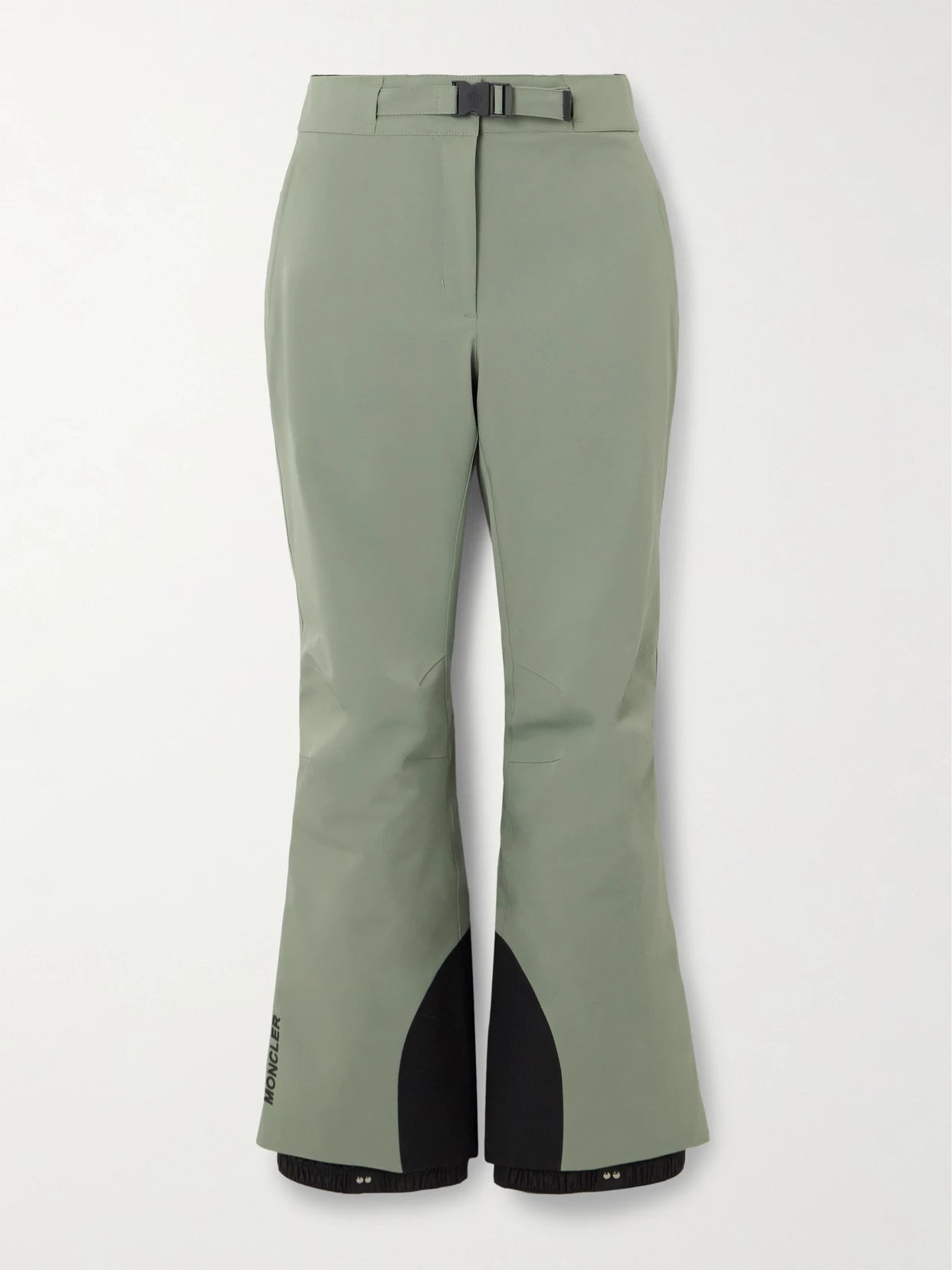 Image of a model wearing Pants. Product name - Belted Ski Pants in Sage green colour by brand - Moncler Grenoble