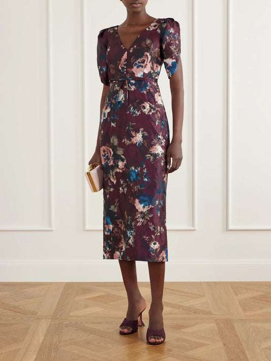 Image of Dresses. Product name - Belted Floral-print Crinkled Satin Midi Dress in Burgundy colour by brand - Erdem