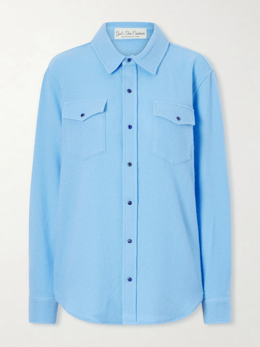 Image of a model wearing Tops. Product name - Blue Lagoon Cashmere Shirt in x small colour by brand - God's True Cashmere
