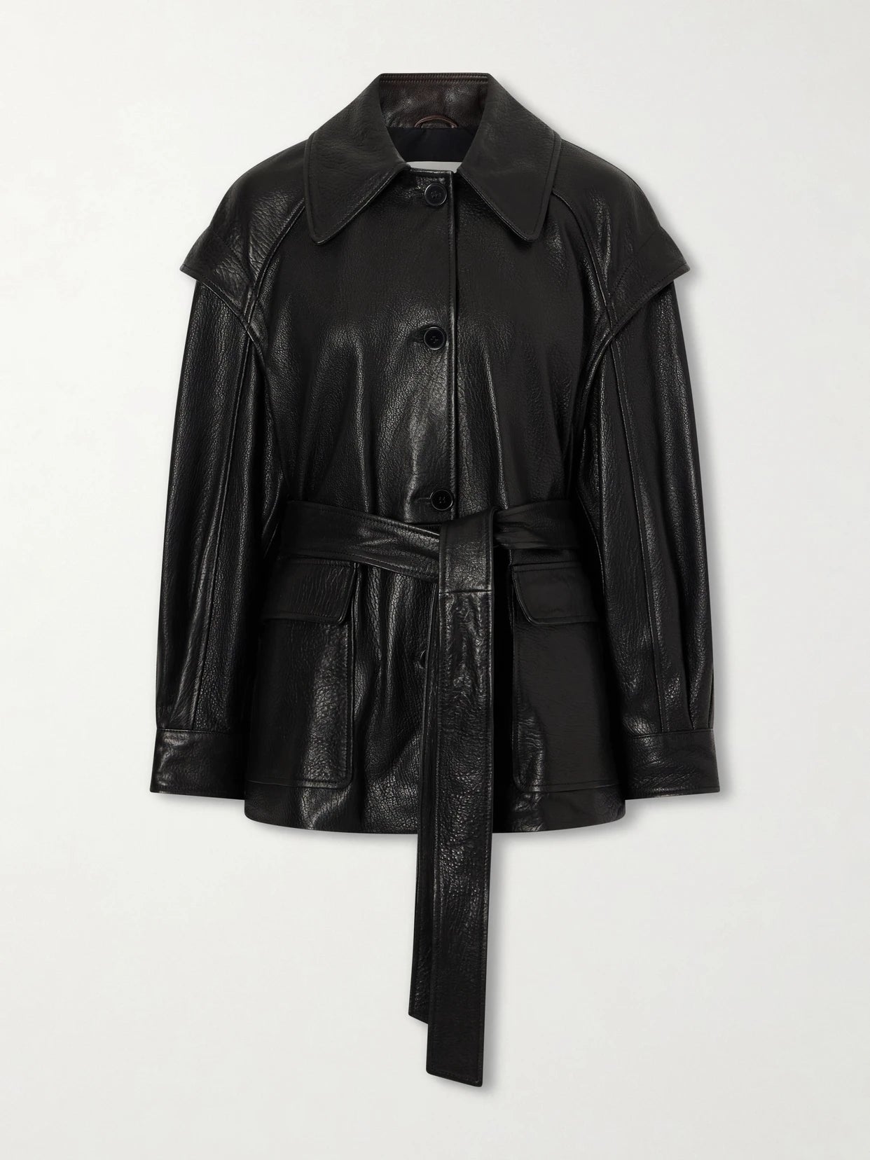 Image of Coats & Jackets. Product name - Perrin Belted Full-grain Jacket in Black colour by brand - Nour Hammour