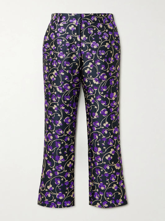 Image of a model wearing Pants. Product name - 24/7 Floral-brocade Straight-leg Pants in Purple colour by brand - La DoubleJ