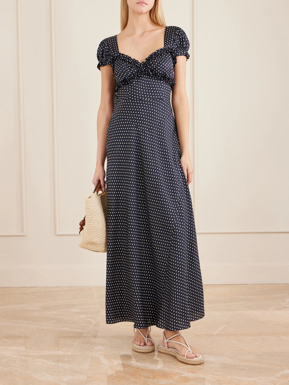 Image of Dresses. Product name - Valerine Gathered Polk-dot Silk-blend Twill Maxi Dress in Navy colour by brand - DÔEN