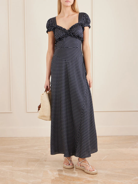 Image of Dresses. Product name - Valerine Gathered Polk-dot Silk-blend Twill Maxi Dress in Navy colour by brand - DÔEN