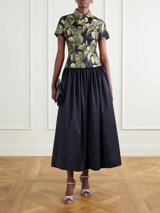 Image of Dresses. Product name - Gathered Floral-brocade And Twill Midi Dress in Black colour by brand - Abadia