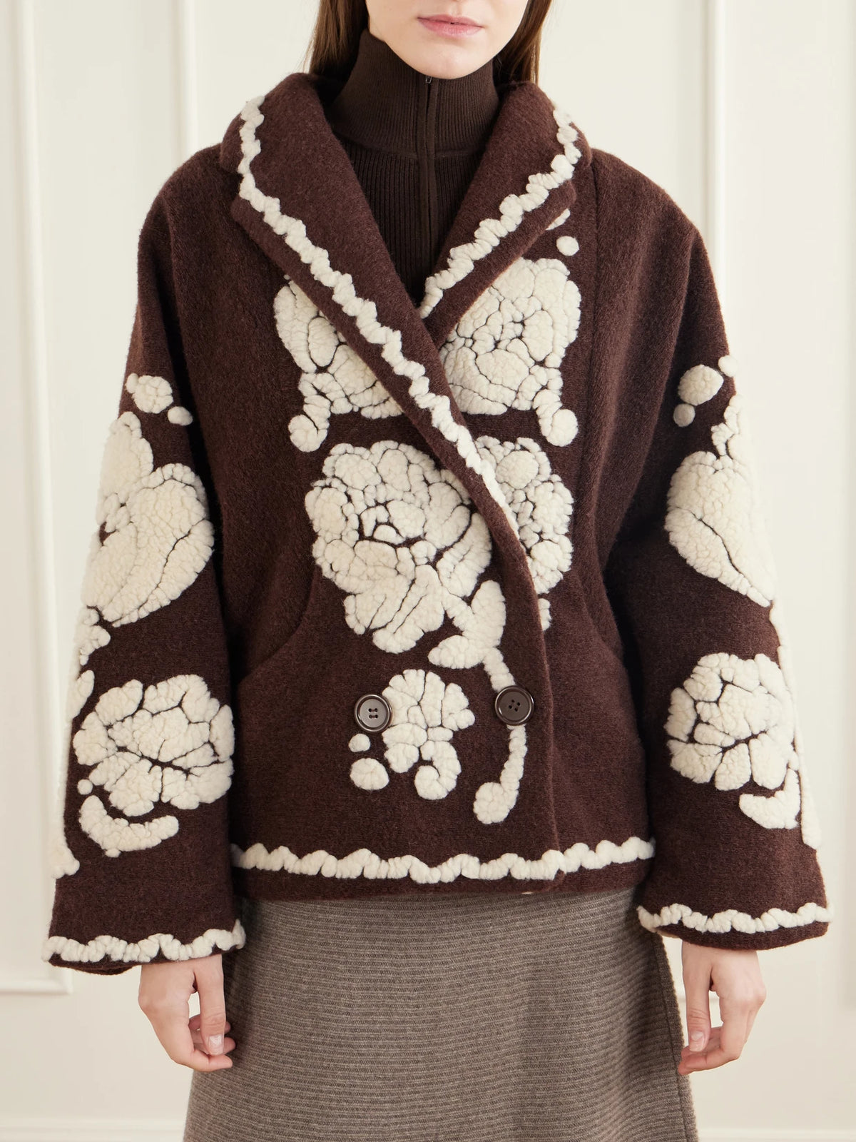 Farm Rio Double-breasted Floral-appliquéd Brushed Fleece Jacket