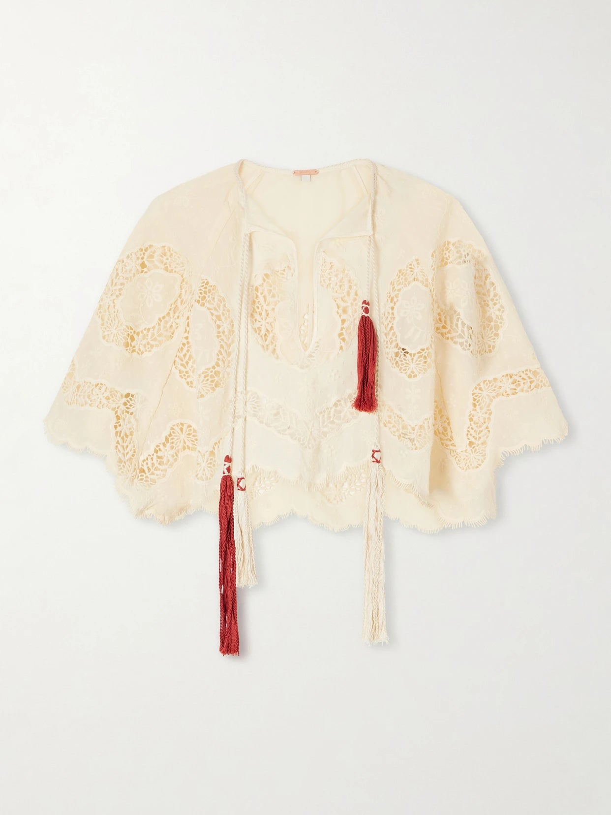 Sun Tides Tasseled Broderie Anglaise Cotton-blend Top