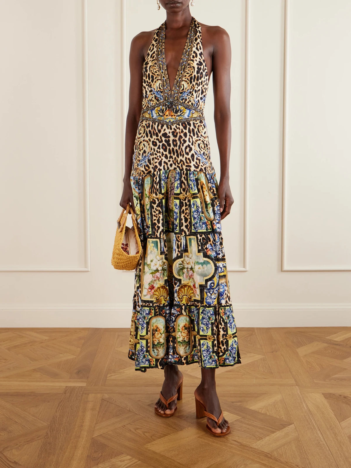 Image of Dresses. Product name - Tiered Crystal-embellished Printed Jersey Maxi Dress in Multi colour by brand - Camilla