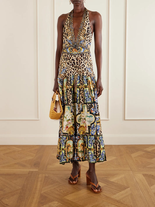 Image of Dresses. Product name - Tiered Crystal-embellished Printed Jersey Maxi Dress in Multi colour by brand - Camilla