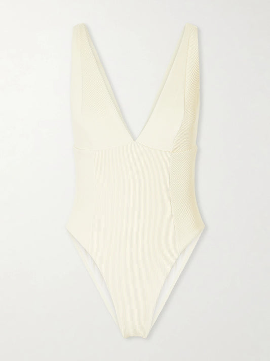Image of Swimwear. Product name - Raquel Ribbed Swimsuit in Cream colour by brand - Haight