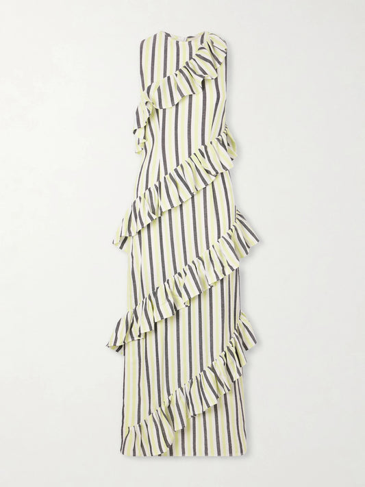 Spiral Ruffled Striped Cotton Maxi Dress