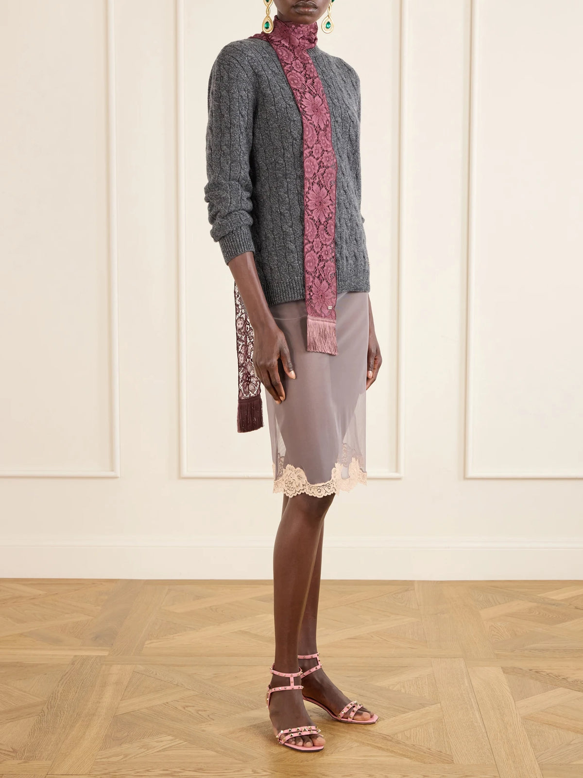 Image of Scarves & Shawls. Product name - Embroidered Fringed Silk Crocheted Scarf in Magenta colour by brand - Valentino Garavani