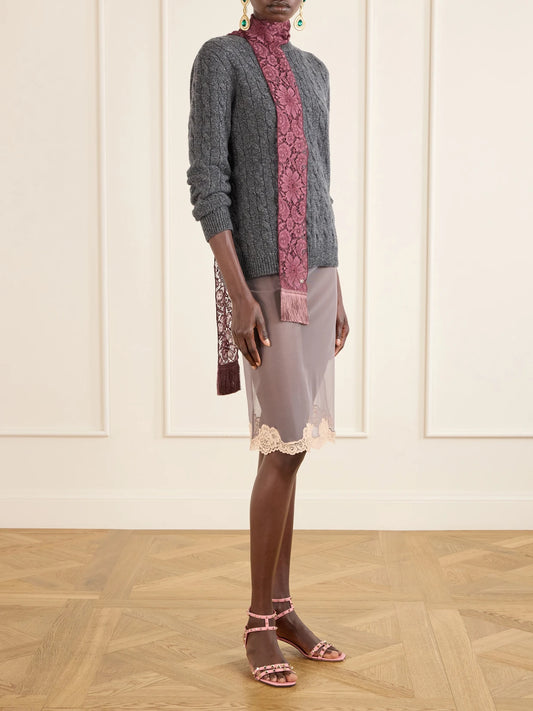 Image of Scarves & Shawls. Product name - Embroidered Fringed Silk Crocheted Scarf in Magenta colour by brand - Valentino Garavani
