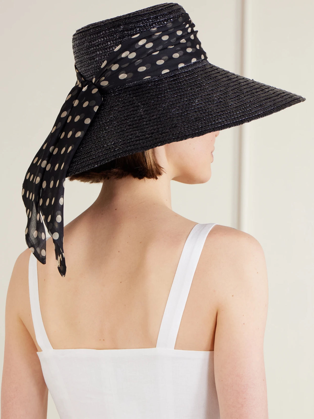 Image of Hats. Product name - Mirabel Chiffon-trimmed Straw Sunhat in Black colour by brand - Eugenia Kim