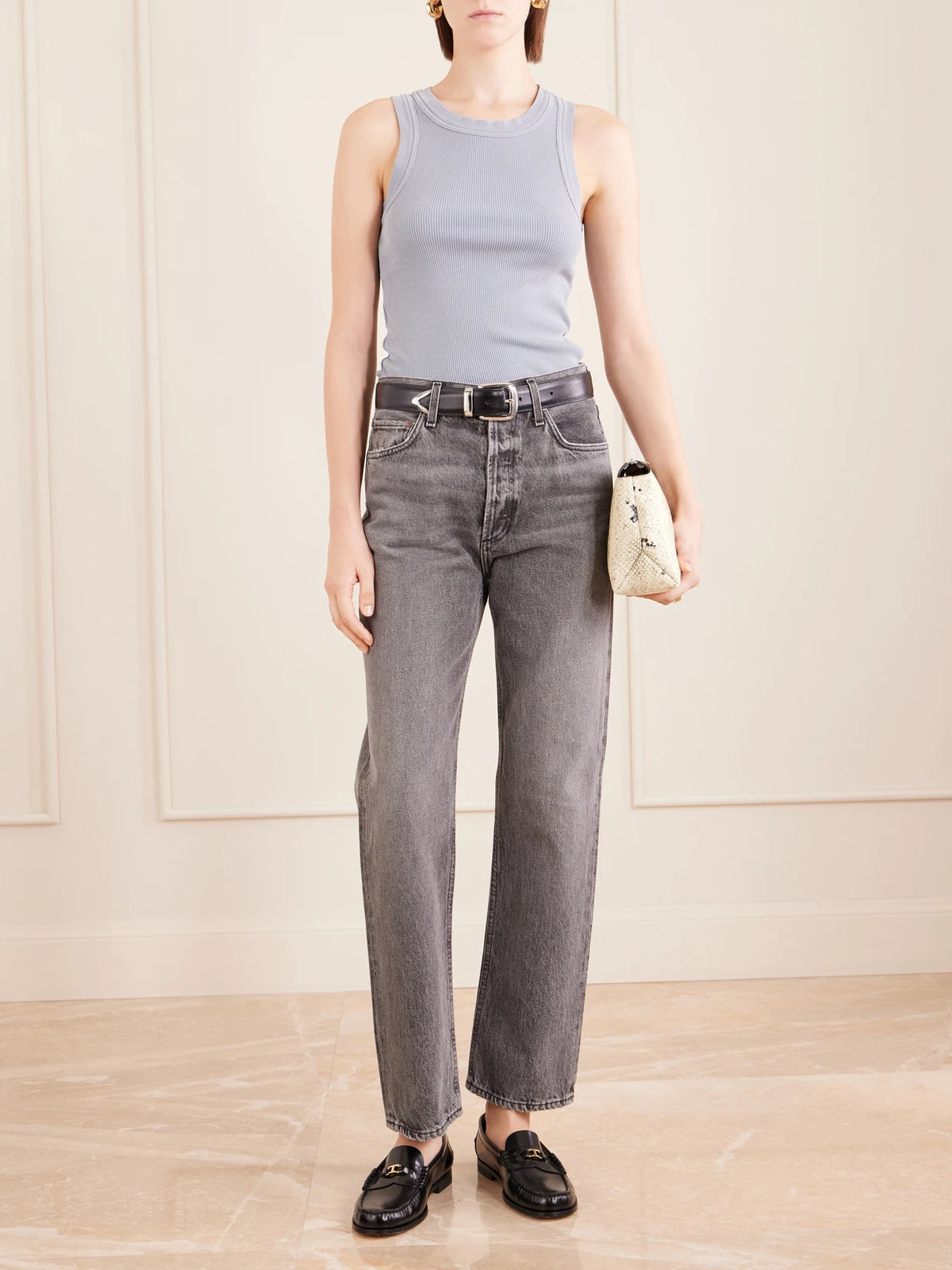 Image of a model wearing Tops. Product name - Isabel Ribbed Jersey Tank in Gray colour by brand - Citizens of Humanity