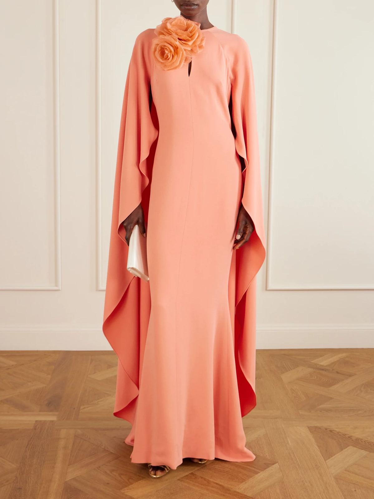 Image of Dresses. Product name - Appliquéd Cape-effect Cady Gown in Pink colour by brand - Elie Saab