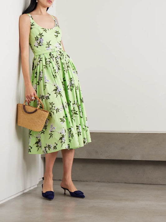 Image of Dresses. Product name - Eglantine Belted Gathered Floral-print Cotton-poplin Midi Dress in Green colour by brand - Emilia Wickstead