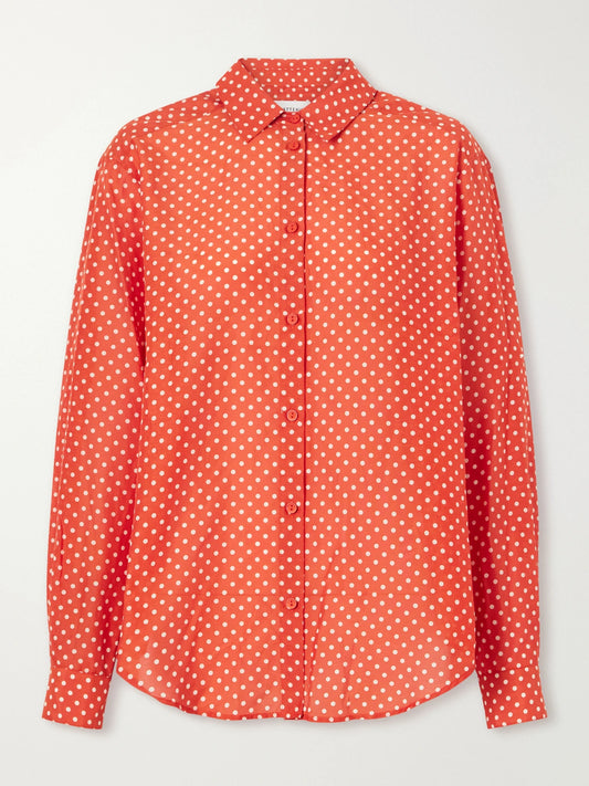 Image of a model wearing Tops. Product name - Polka Dots Organic Cotton Blend Shirt in Red colour by brand - Matteau