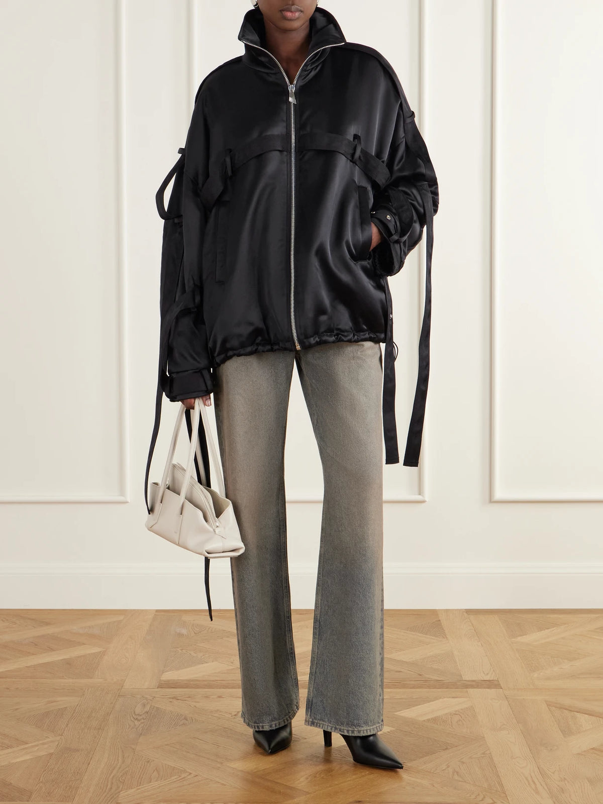 Image of Coats & Jackets. Product name - Deconstructed Satin Bomber Jacket in Black colour by brand - The Attico