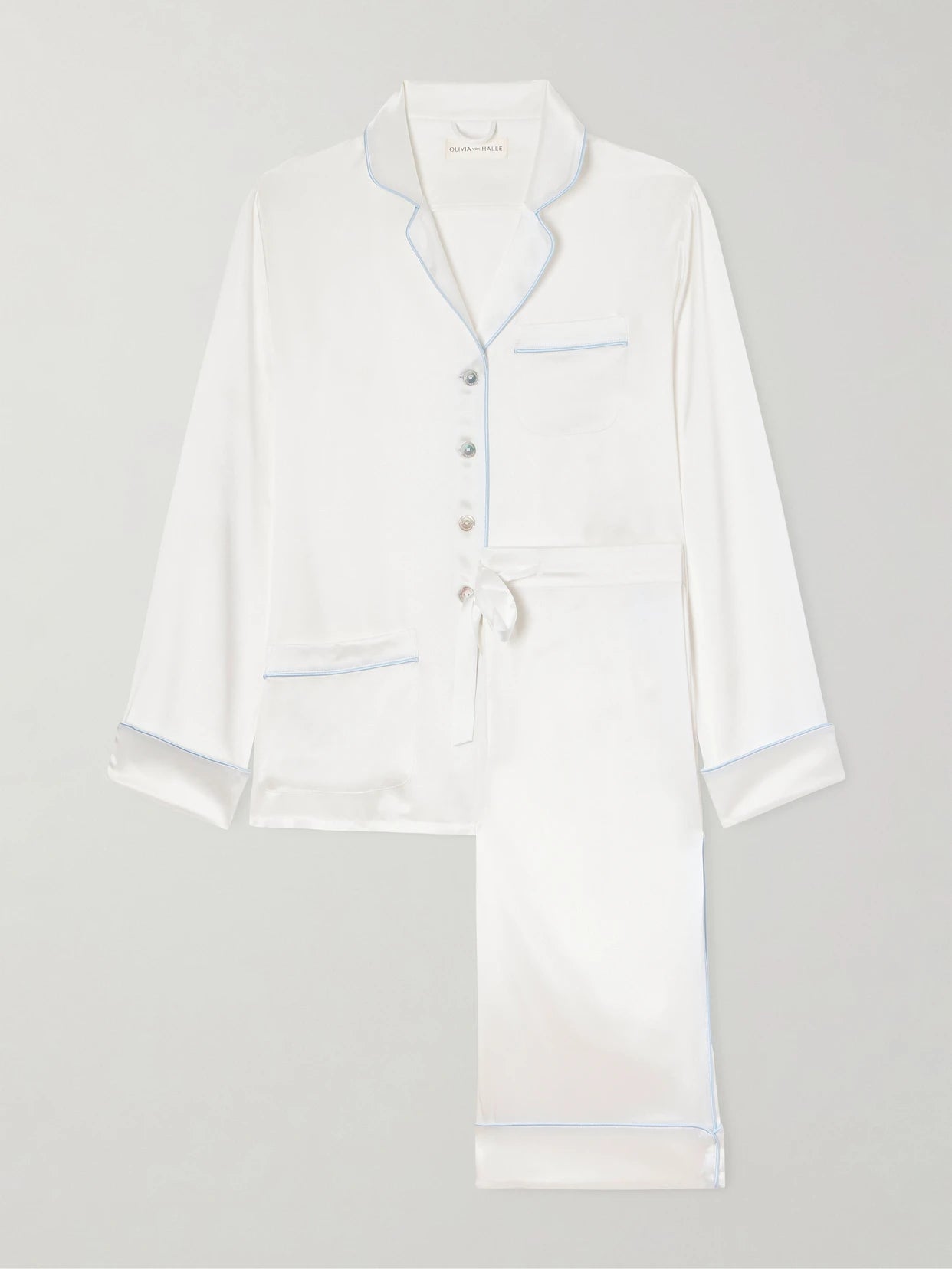 Image of Lingerie. Product name - Coco Silk-satin Pajama Set in Ivory colour by brand - Olivia von Halle